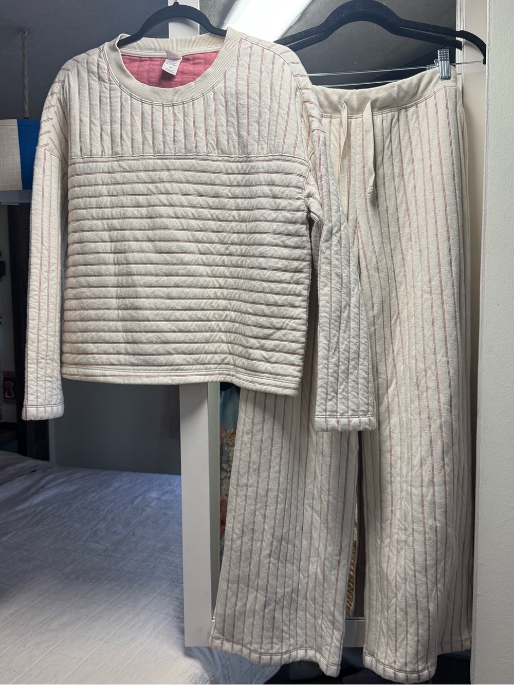 Auden Cream Quilted Pajama Set with Pink Stripe
